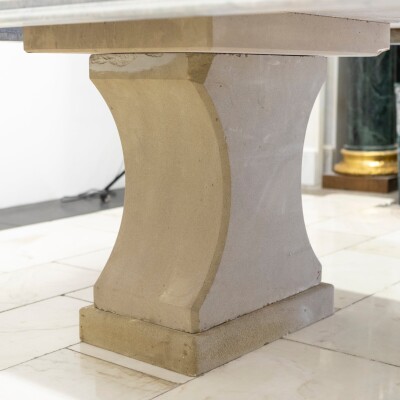 Reclaimed Grand Marble Top Banquet Table with Stone Plinths