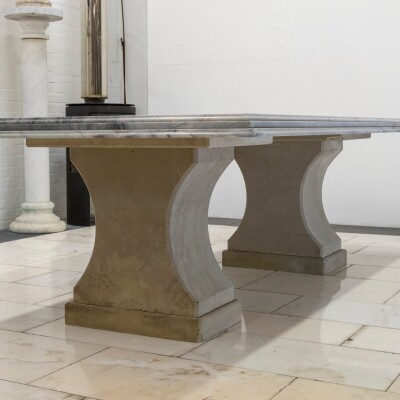 Reclaimed Grand Marble Top Banquet Table with Stone Plinths