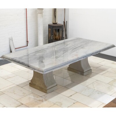 Reclaimed Grand Marble Top Banquet Table with Stone Plinths