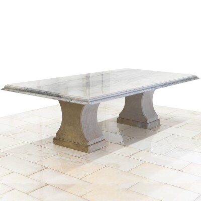 Reclaimed Grand Marble Top Banquet Table with Stone Plinths