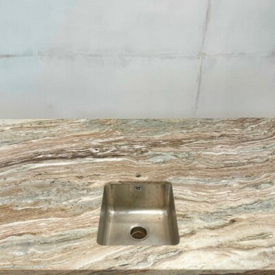 Brown and Green Marble Kitchen Island with Sink