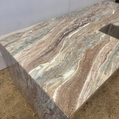 Brown and Green Marble Kitchen Island with Sink