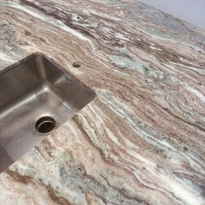 Brown and Green Marble Kitchen Island with Sink