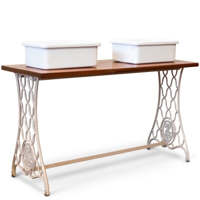 Twin Countertop Butler Sinks on Reclaimed Cast Iron and Teak Unit