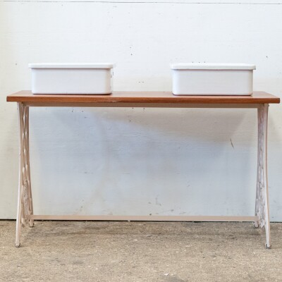 Twin Countertop Butler Sinks on Reclaimed Cast Iron and Teak Unit