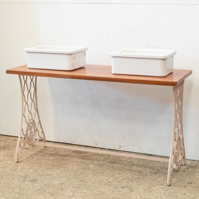 Twin Countertop Butler Sinks on Reclaimed Cast Iron and Teak Unit