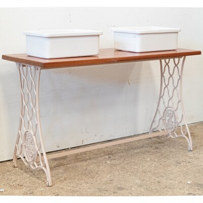 Twin Countertop Butler Sinks on Reclaimed Cast Iron and Teak Unit