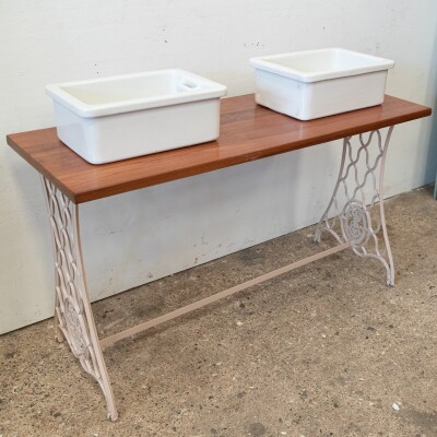 Twin Countertop Butler Sinks on Reclaimed Cast Iron and Teak Unit