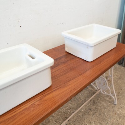 Twin Countertop Butler Sinks on Reclaimed Cast Iron and Teak Unit