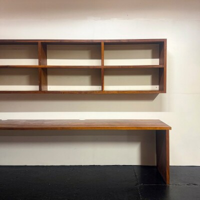 Reclaimed L-Shaped Teak Shelving and Working Desk Unit With Drawers