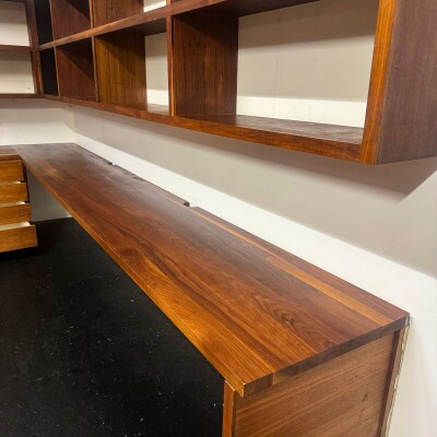 Reclaimed L-Shaped Teak Shelving and Working Desk Unit With Drawers