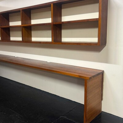 Reclaimed L-Shaped Teak Shelving and Working Desk Unit With Drawers