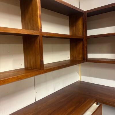 Reclaimed L-Shaped Teak Shelving and Working Desk Unit With Drawers