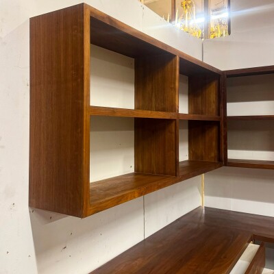 Reclaimed L-Shaped Teak Shelving and Working Desk Unit With Drawers
