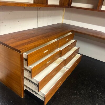 Reclaimed L-Shaped Teak Shelving and Working Desk Unit With Drawers