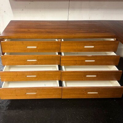 Reclaimed L-Shaped Teak Shelving and Working Desk Unit With Drawers