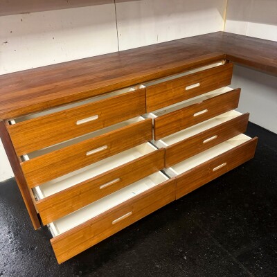 Reclaimed L-Shaped Teak Shelving and Working Desk Unit With Drawers
