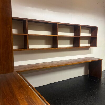 Reclaimed L-Shaped Teak Shelving and Working Desk Unit With Drawers
