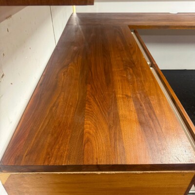 Reclaimed L-Shaped Teak Shelving and Working Desk Unit With Drawers