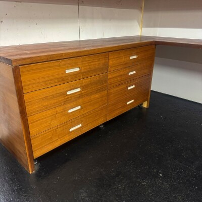 Reclaimed L-Shaped Teak Shelving and Working Desk Unit With Drawers