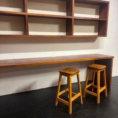 Reclaimed L-Shaped Teak Shelving and Working Desk Unit With Drawers