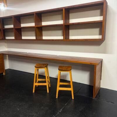 Reclaimed L-Shaped Teak Shelving and Working Desk Unit With Drawers