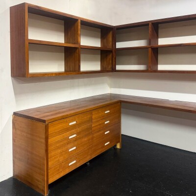Reclaimed L-Shaped Teak Shelving and Working Desk Unit With Drawers