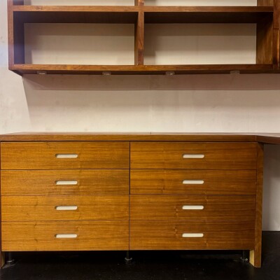 Reclaimed L-Shaped Teak Shelving and Working Desk Unit With Drawers