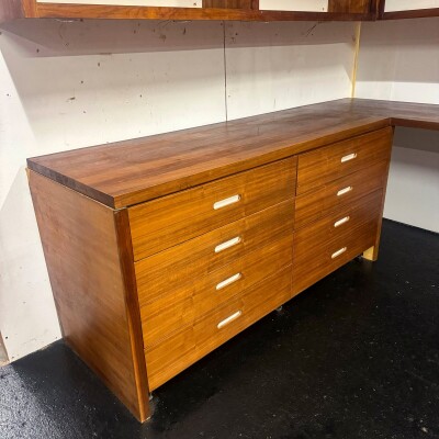 Reclaimed L-Shaped Teak Shelving and Working Desk Unit With Drawers