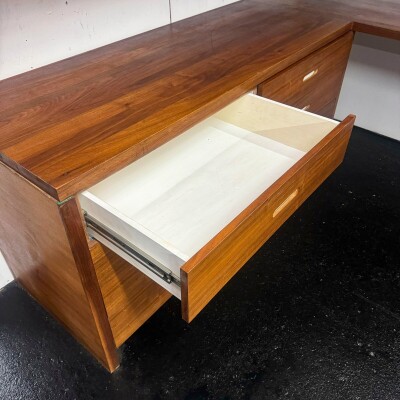 Reclaimed L-Shaped Teak Shelving and Working Desk Unit With Drawers