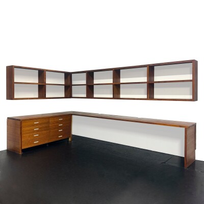 Reclaimed L-Shaped Teak Shelving and Working Desk Unit With Drawers