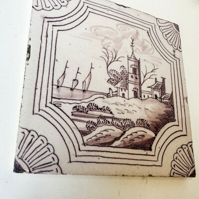 Set of 3 Antique Manganese Dutch Delft Tiles