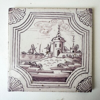 Set of 3 Antique Manganese Dutch Delft Tiles