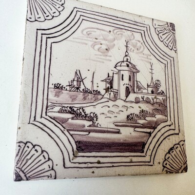Set of 3 Antique Manganese Dutch Delft Tiles