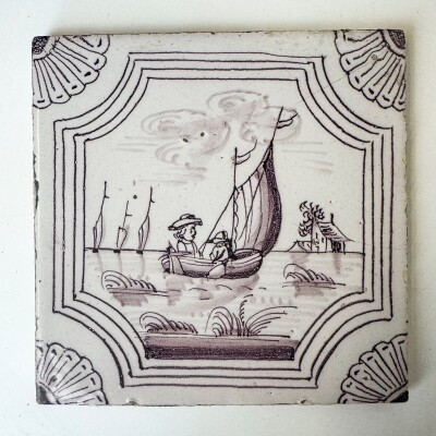 Set of 3 Antique Manganese Dutch Delft Tiles