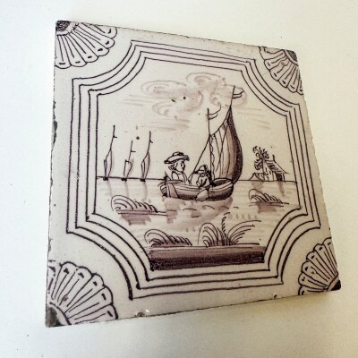 Set of 3 Antique Manganese Dutch Delft Tiles