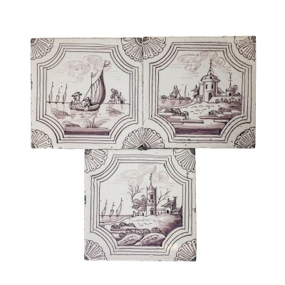 Set of 3 Antique Manganese Dutch Delft Tiles