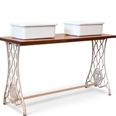 Twin Countertop Butler Sinks on Reclaimed Cast Iron and Teak Unit