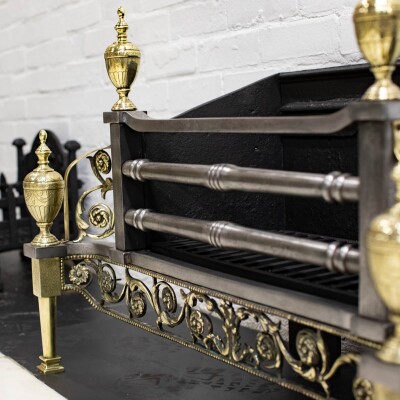 Reclaimed Polished Steel and Brass Cast Iron Fire Basket