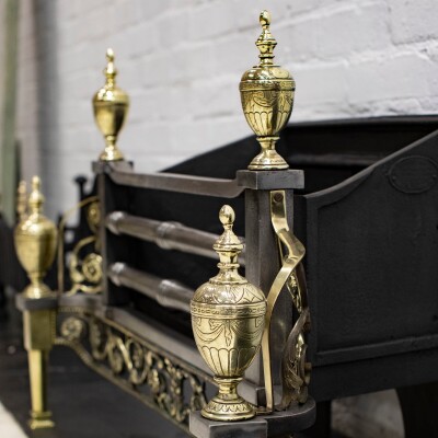 Reclaimed Polished Steel and Brass Cast Iron Fire Basket