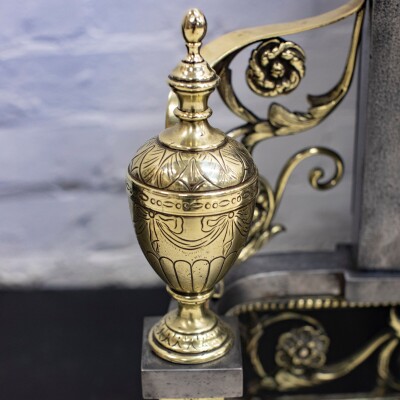 Reclaimed Polished Steel and Brass Cast Iron Fire Basket