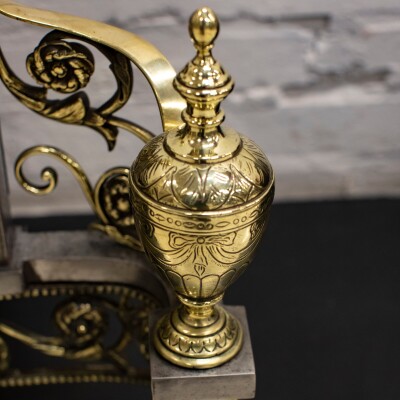 Reclaimed Polished Steel and Brass Cast Iron Fire Basket