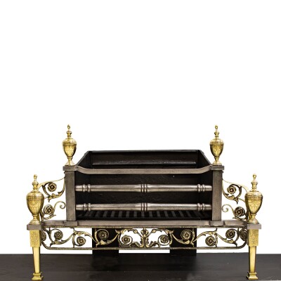 Reclaimed Polished Steel and Brass Cast Iron Fire Basket