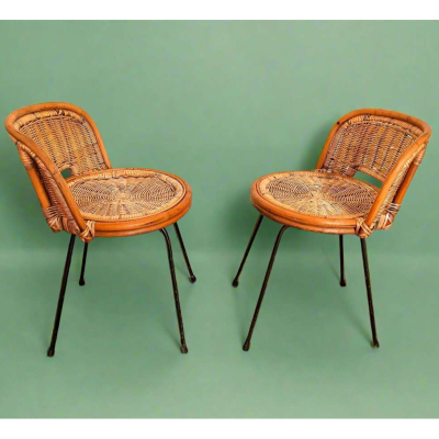 A pair of Vintage Mid Century Circular Franco Albini Style Bamboo Rattan Chair on Metal Frame Legs