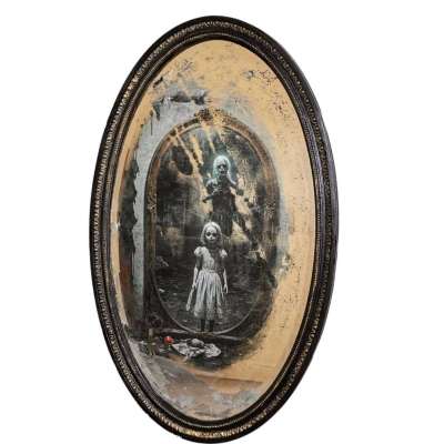 Black frame mirror with ghostly decoupage