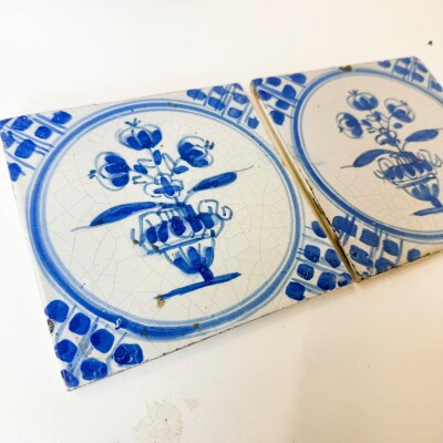 Set of 2 Antique 18th Century Dutch Delft Floral Tiles