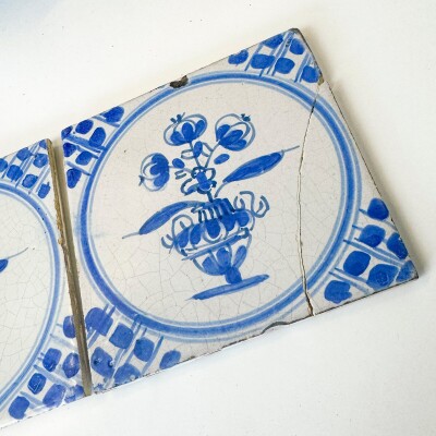 Set of 2 Antique 18th Century Dutch Delft Floral Tiles
