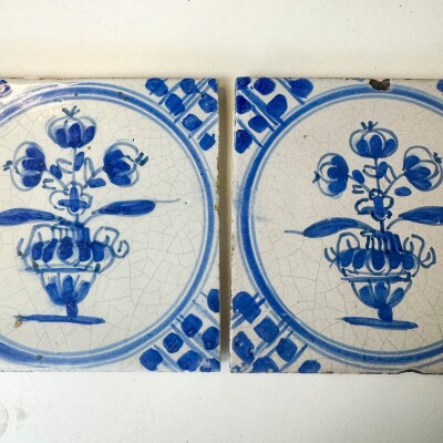 Set of 2 Antique 18th Century Dutch Delft Floral Tiles