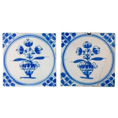 Set of 2 Antique 18th Century Dutch Delft Floral Tiles