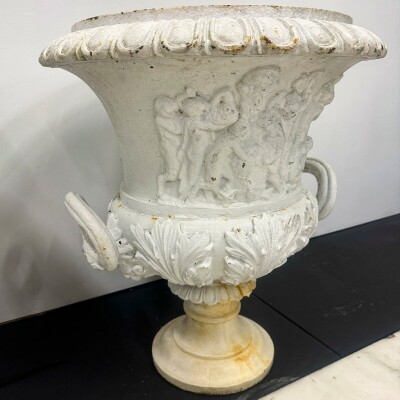 Pair of Antique Campaign Cast Iron Urns